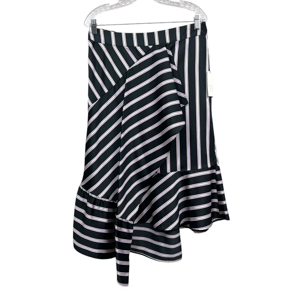 A New Day Women Midi Skirt Faux Satin Striped Asymmetrical Hem Black Pink Sz L*